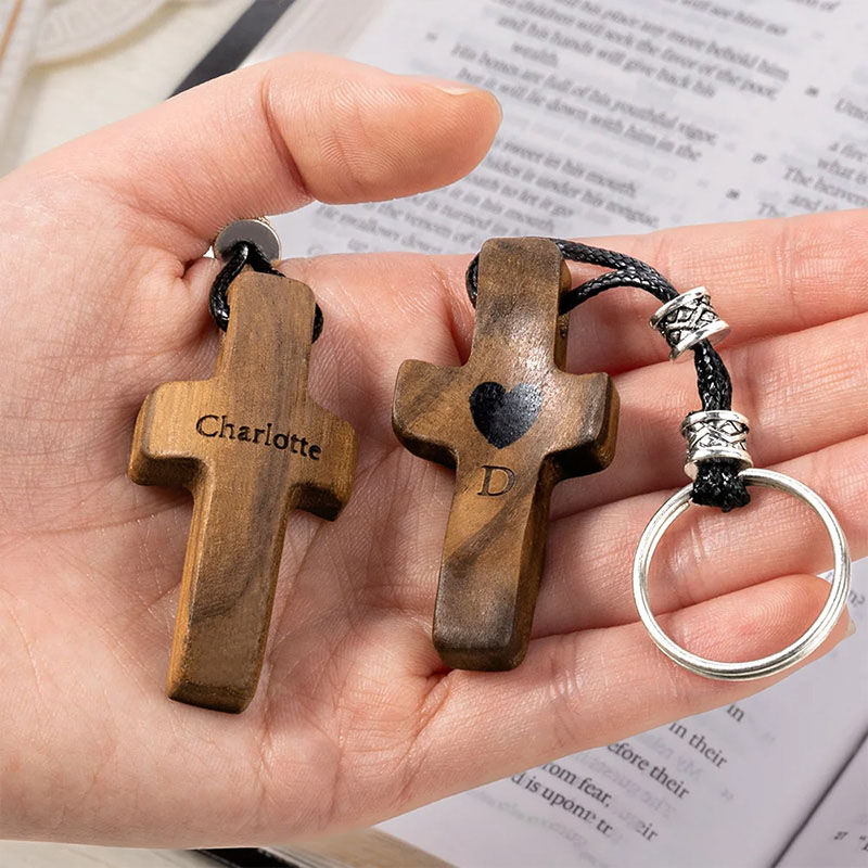 Personalized Wooden Cross Heart Keychain with Initial and Name Engraving Religious Gift Birthday Gift for Christians
