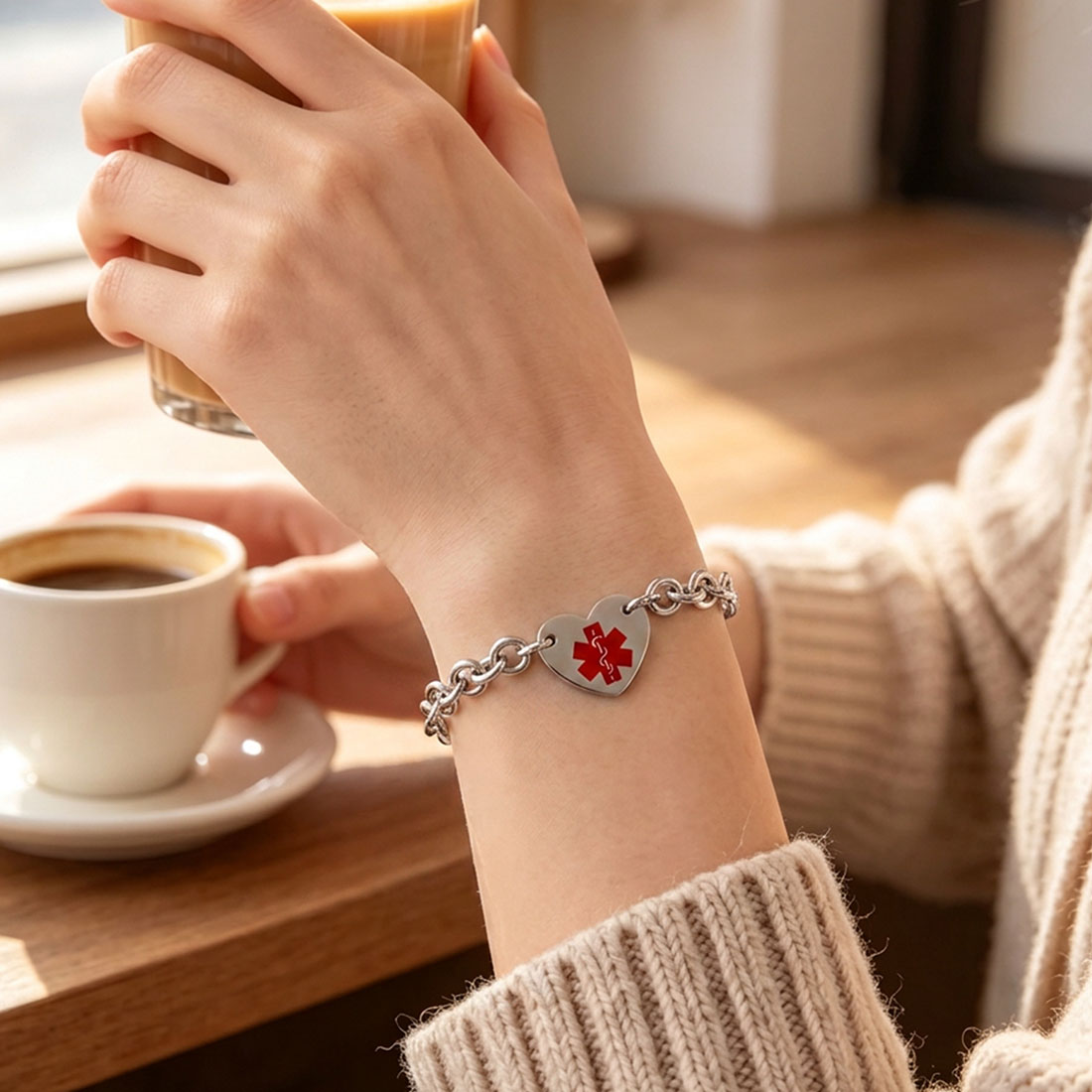 Personalized Star of Life Medical Alert ID Emergency Bracelet with Engraved Text Gift for Allergy Cancer Diabetic Women