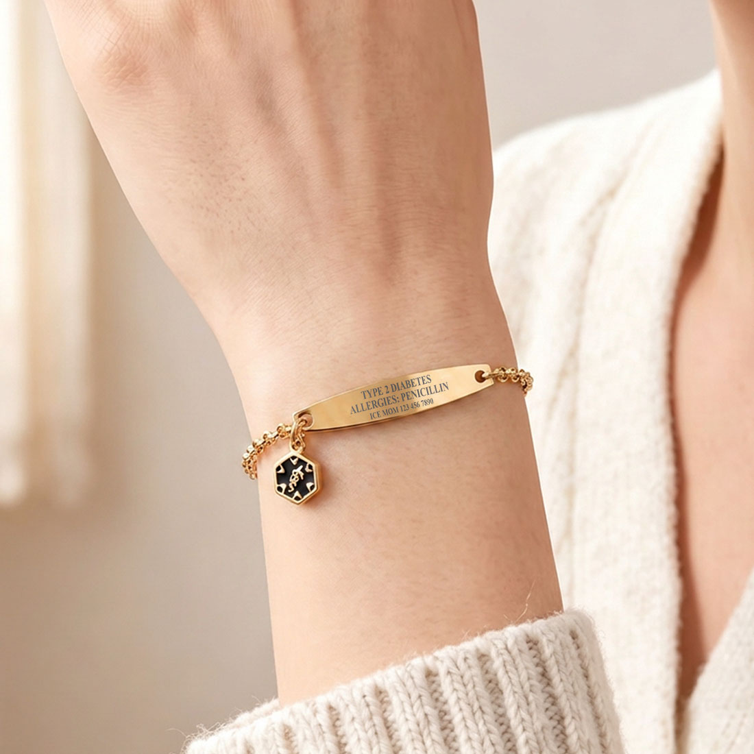Personalized Star of Life Medical Alert ID Emergency Bracelet with Engraved Text Gift for Breast Cancer Diabetic Women