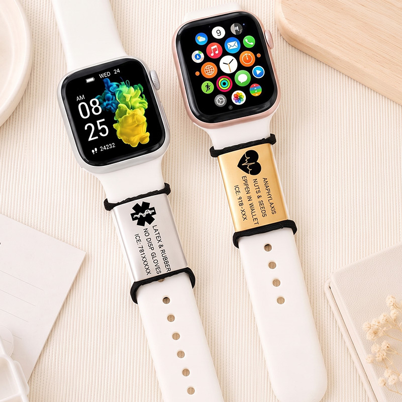 Personalized Medical Alert Watch Band Tag Custom Engraved Allergy & Emergency Info ID Steel Charm for Apple Fitbit Garmin Watch Bands