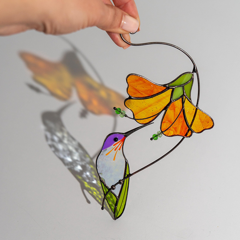 Personalized Hummingbird Stained Glass Sun Catcher Grandma Gifts Flower Stained Glass Window Hangings Gift for Mom Family