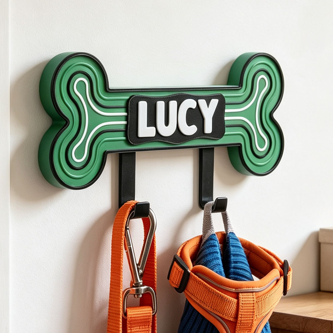 Personalized 3D Printed Bone-Shaped Pet Leash Holder with Name Home Entryway Decor Walk the Dog