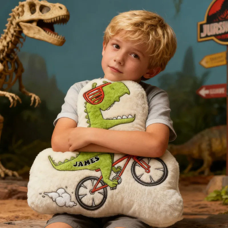Personalized Dino Rider Bike Pillow Cozy Graphic 3D Print Cool Biker Dino Pillow Name Pillow Comfortable Travel Cushion for Kids Boys Riding Lovers