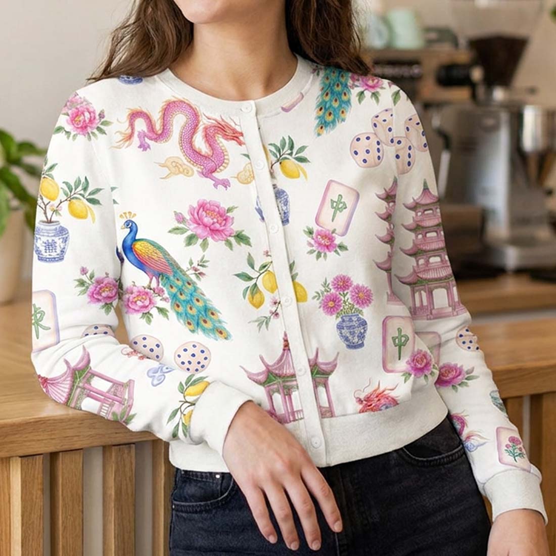 Retro Mahjong Women Crew Neck Cardigan Sweaters Chinoiserie Pattern Asian Art Short