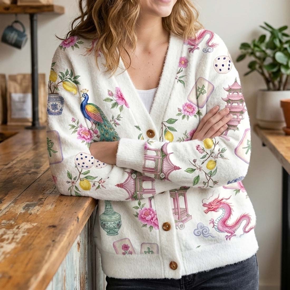 Retro Mahjong Women Light Knit Unisex Cardigan Sweaters Chinoiserie Pattern Asian Art
