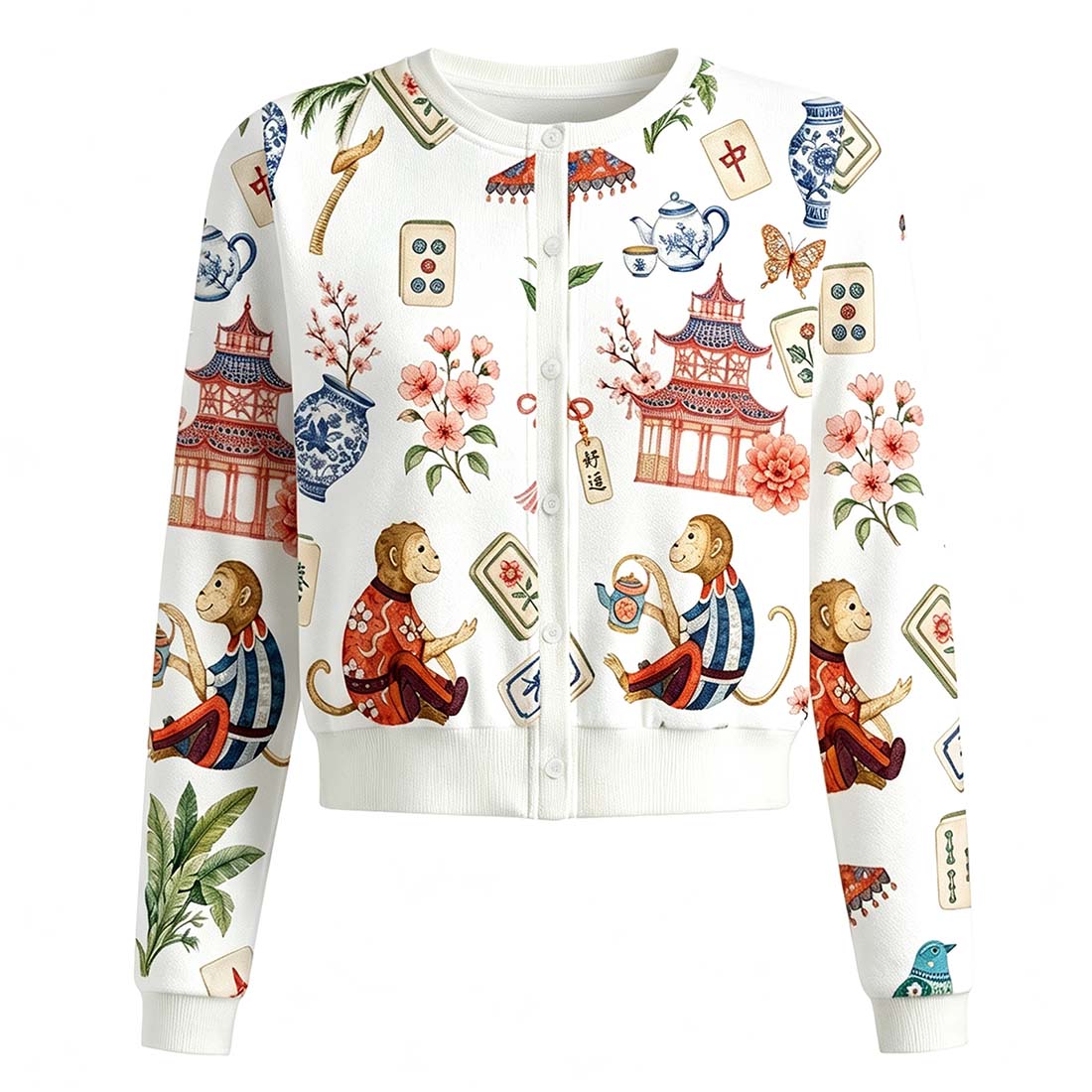 Preppy Chinoiserie Mahjong Women Crew Neck Cardigan Sweaters Chinoiserie Pattern Asian Art Short