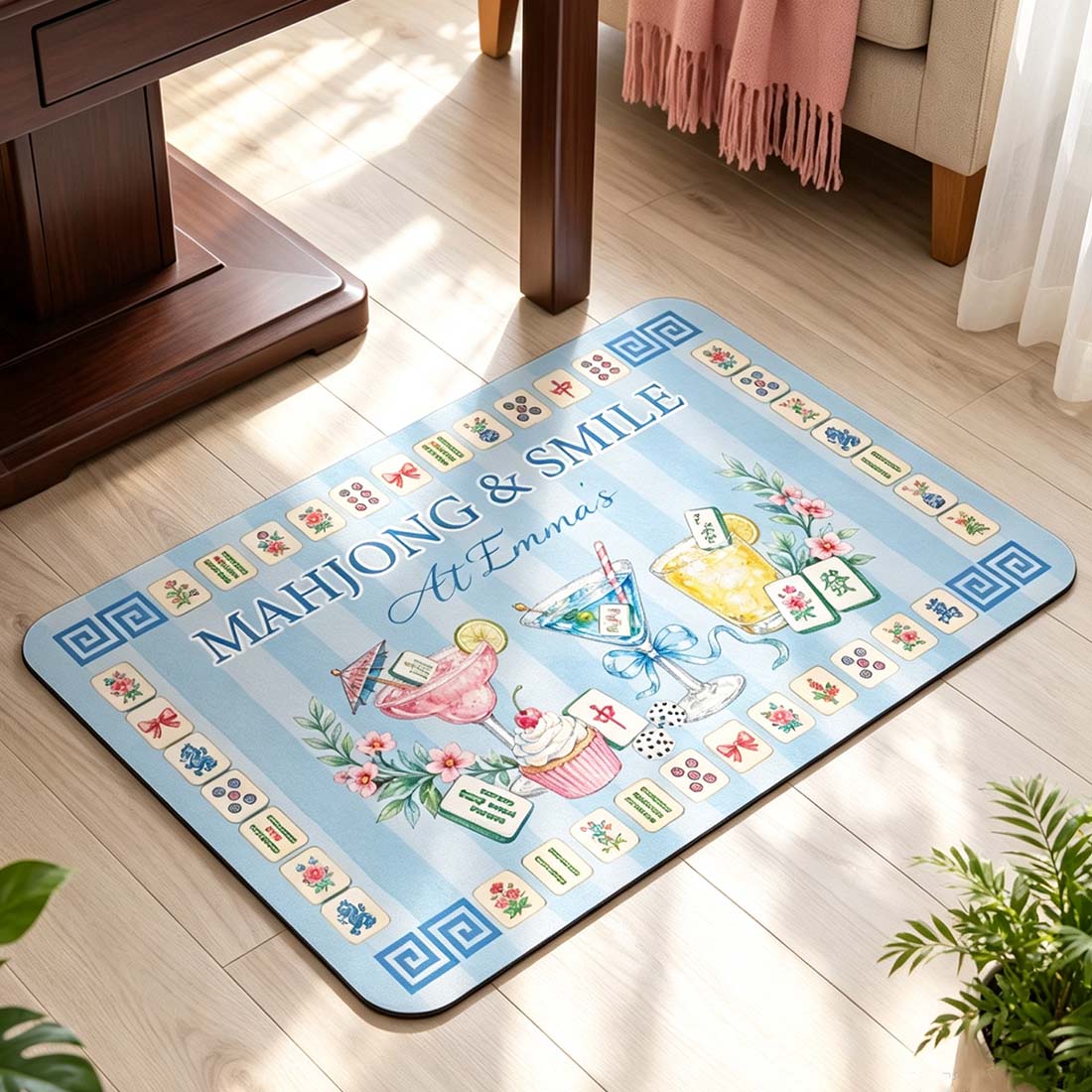 Personalized Vintage Floral Mahjong Theme Striped Doormat with Name