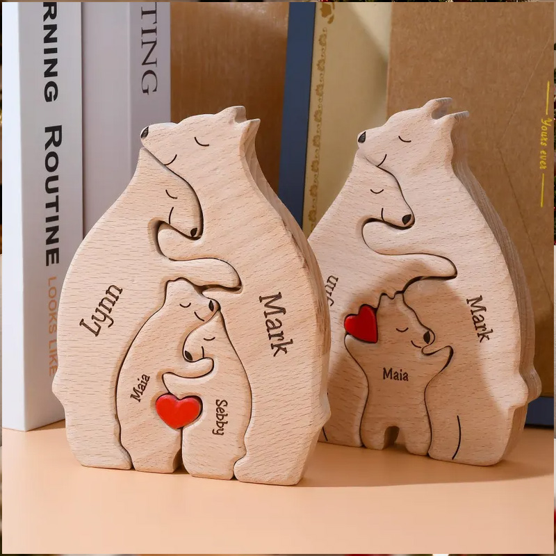 Personalized Carved Wooden Bear Family Jigsaw Puzzle, Wood Bear Figurines, Hugging Bear Family Keepsake Gift for Parents, Christmas Bear Decor
