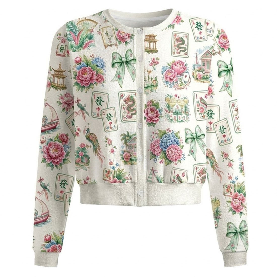 Retro Mahjong Women Crew Neck Cardigan Sweaters Chinoiserie Pattern Asian Art Short