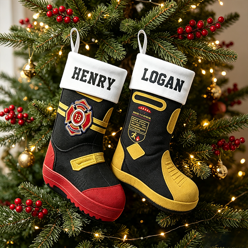 Personalized Firefighter Boot Christmas Stocking, Custom Name Fireman Christmas Stocking, Fire Department Xmas Sock, Firefighter Family Christmas Decor, Custom Holiday Gift