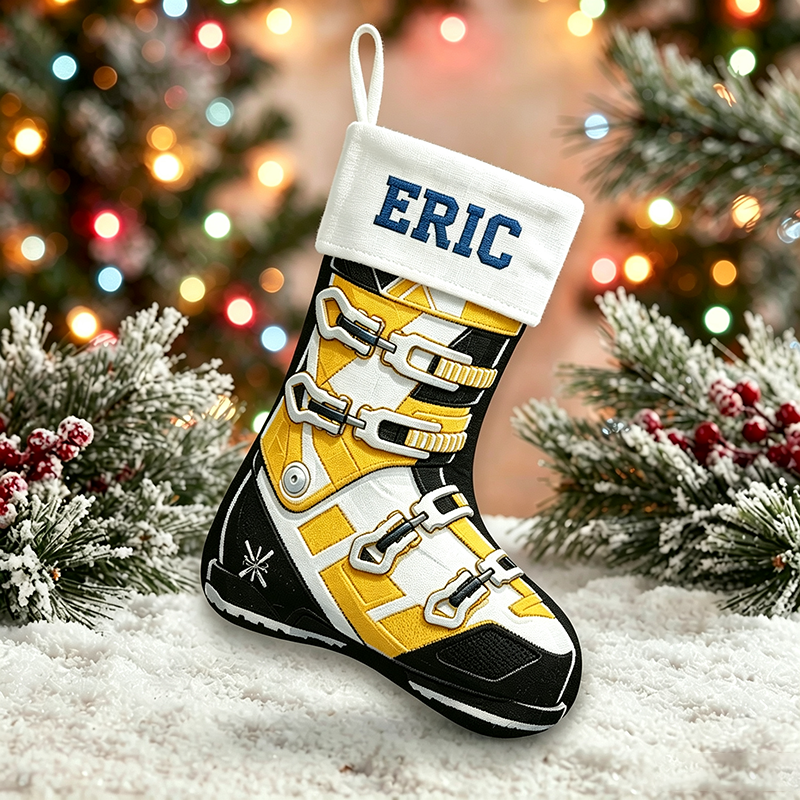 Personalized Ski Boot Christmas Stocking, Custom Name Skiing Christmas Stocking, Gift for Skiers, Winter Sports Family Holiday Mantel Decor