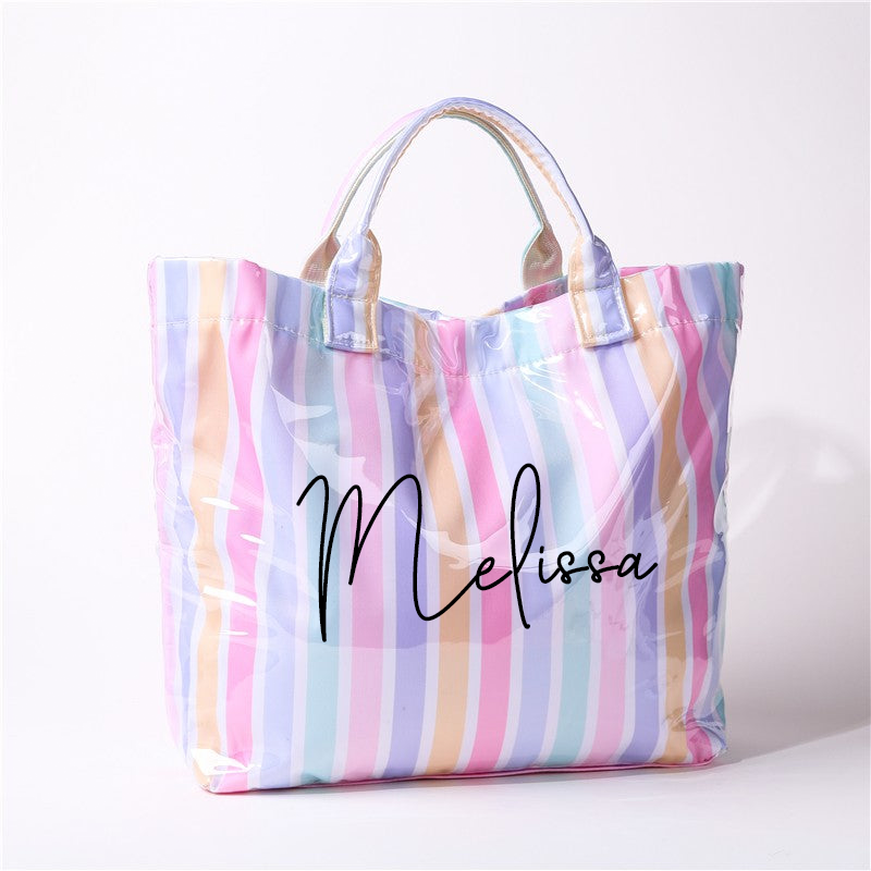 Personalized Girls Beach Traveling Waterproof Striped Tote Bag Custom PVC Pool Bag Bridesmaid Gift Future Bride Tote Reusable Shopper Bag