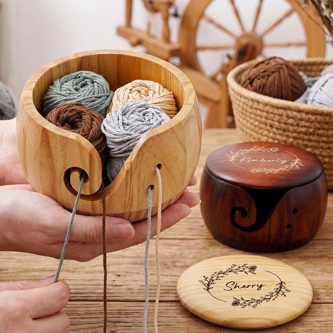 Personalized Birth Flower Wooden Yarn Bowl Custom Name Yarn Holder Yarn Lover Gifts