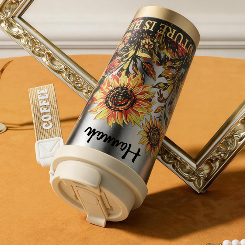 Personalized Floral Art Pure Titanium Travel Coffee Tumbler, Vintage Flower Insulated Cup With Carry Strap, Sunflower Lily of the Valley Iris Mountain Flower Mug