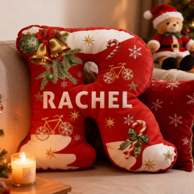 Personalized Red Christmas Letter Pillow Custom Name Festive Decor with Bicycle Snowflake Christmas Gifts for Family Graphic 3D Print Cycling Riding Lovers