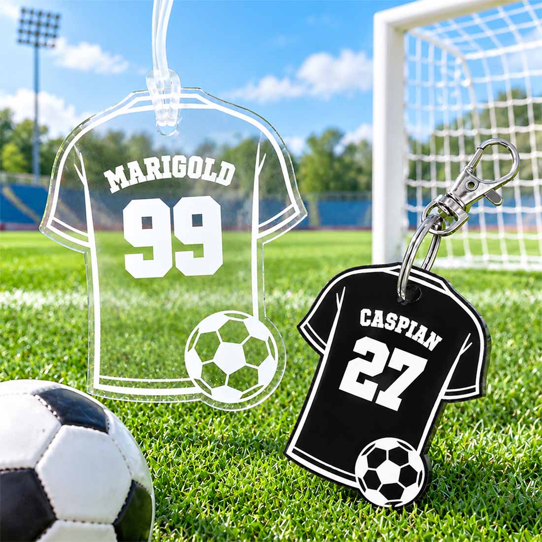 Personalized Multicolor Soccer Jersey Acrylic Keychain Bag Tag Set with Name and Number Team