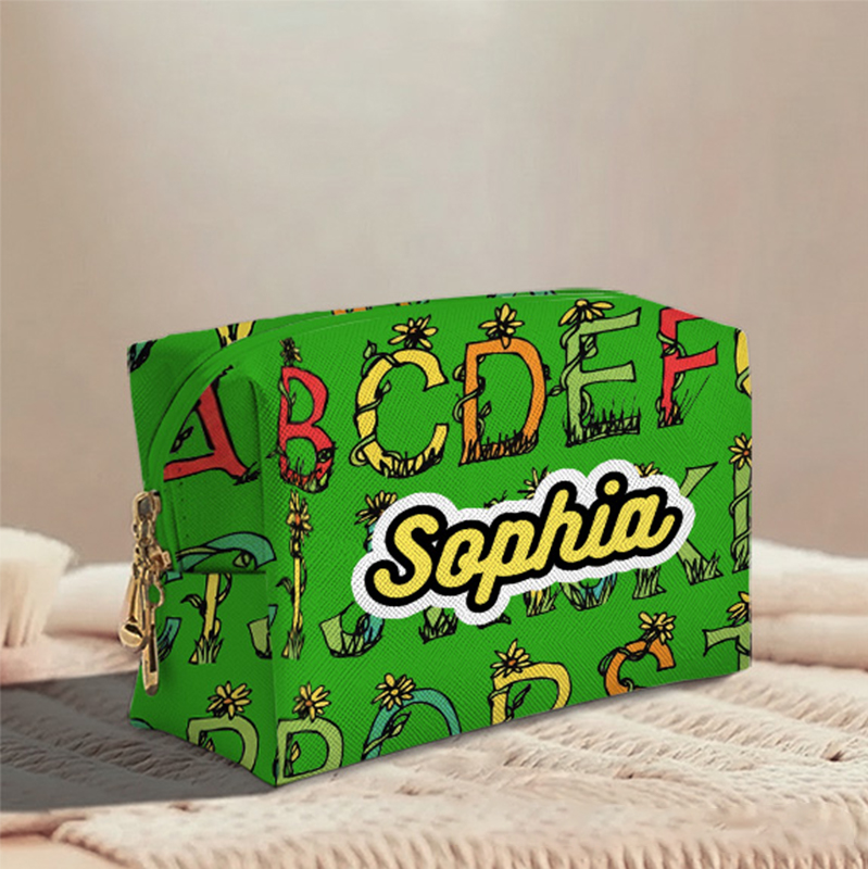 Personalized Botanical Alphabet Toiletry Bag Custom Name for Kids Travel Gifts and Daily Use