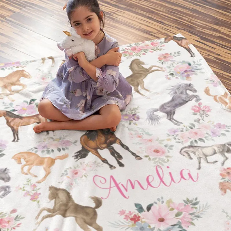 Personalized Riding Floral Blanket Floral Horse Custom Name Festive Horse Floral Soft Throw Blanket Family Blanket for Riding Lovers Equestrian Lovers