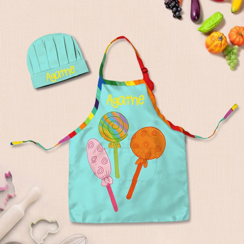 Personalized Colorful Lollipop Adjustable Kid Apron Chef Hat Set with Pocket and Name for Cooking Baking Birthday Holiday Gift for Kids