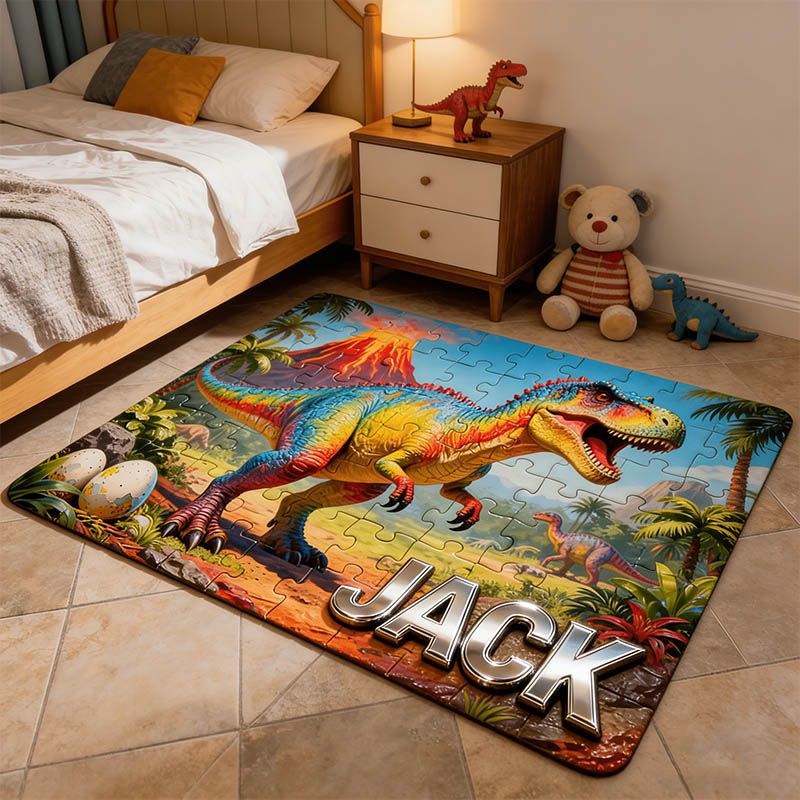 Personalized Cartoon Dinosaur Puzzle Rug Custom Name Gift for Kids Movie Lovers for Birthday Christmas Holiday Party Gift