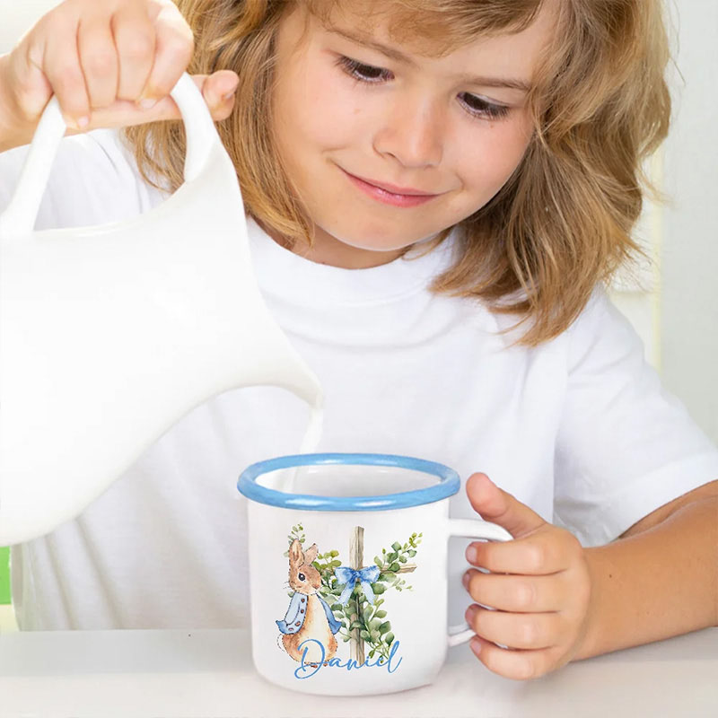 Personalized Cute Peter Rabbit Bow Cross Colored Rim Stainless Steel Enamel Mug with Name Easter Back to School Birthday Gift for Kids