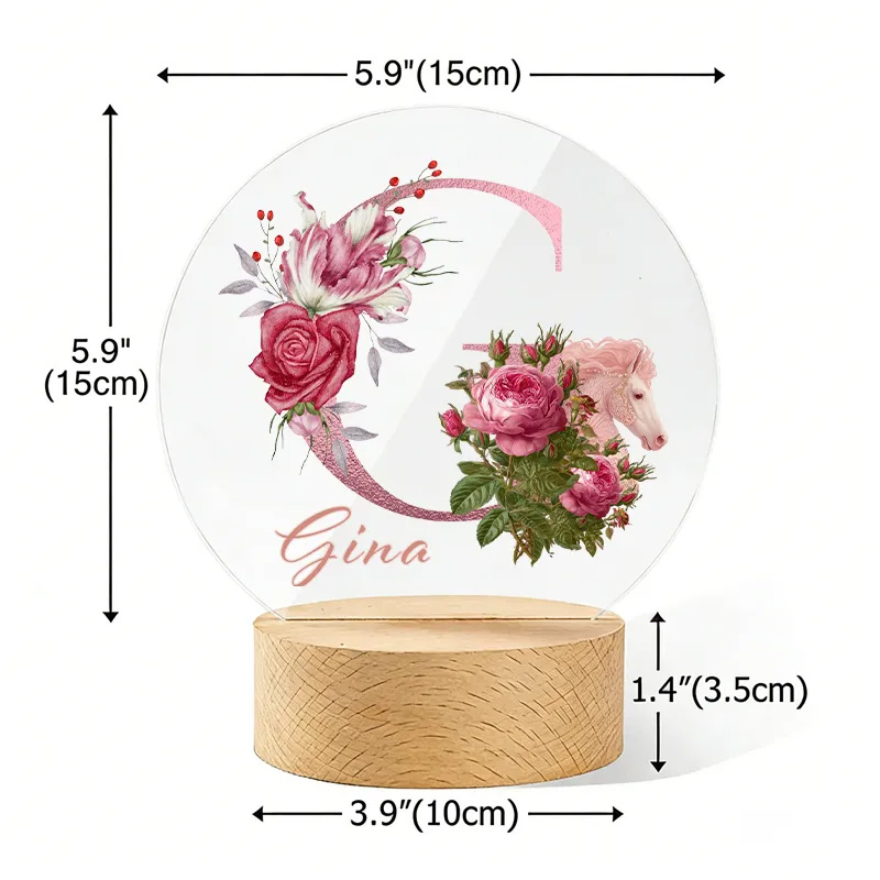 Personalized Fantasy Horse Riding Initial Name LED Night Light with Wooden Base Room Decor Baby Shower Birthday Gift for Kid New Mom Riding Lovers Equestrian Lovers