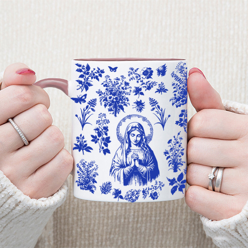 Personalized Catholic Virgin Mary Toile De Jouy 11oz Ceramic Mug with Name Our Lady Coffee Cup Vintage Floral Marian Mug Christian Gift for Women