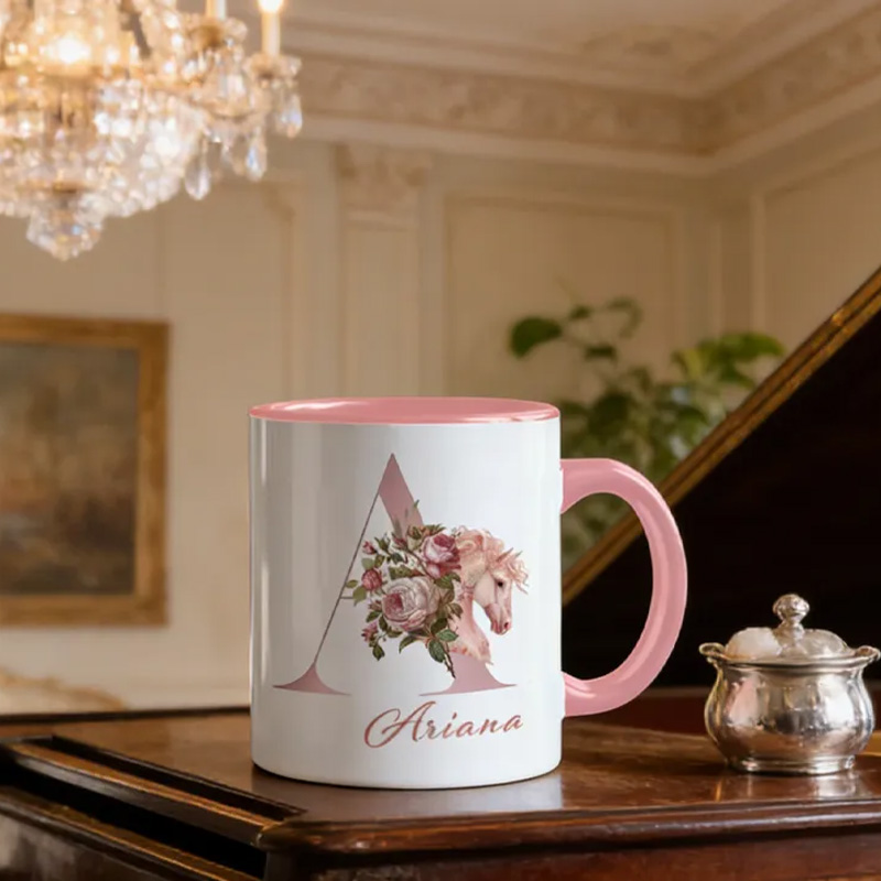 Personalized Initials 26 Letter Equestrian Mug Pink Flowers Horse Coffee Gift for Riding Lovers Equestrian Lovers