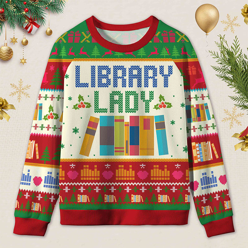 Personalized Library Themed Ugly Sweater Holiday Gift for Librarians