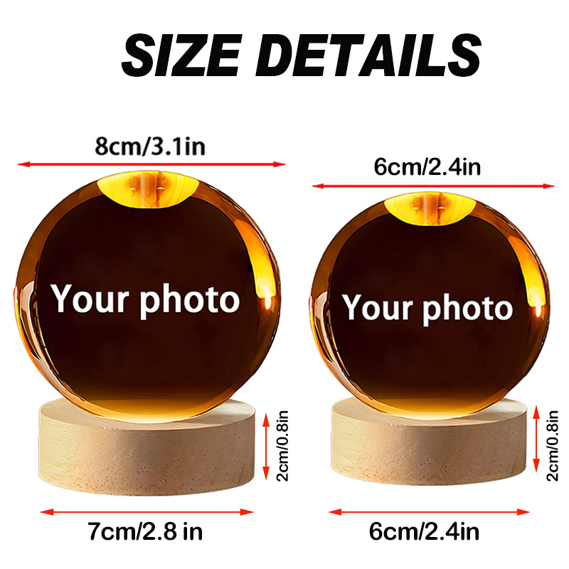 Personalized Crystal Ball Night Light Custom 2D Photo Ultrasound Picture Frames Luminous Wooden Base