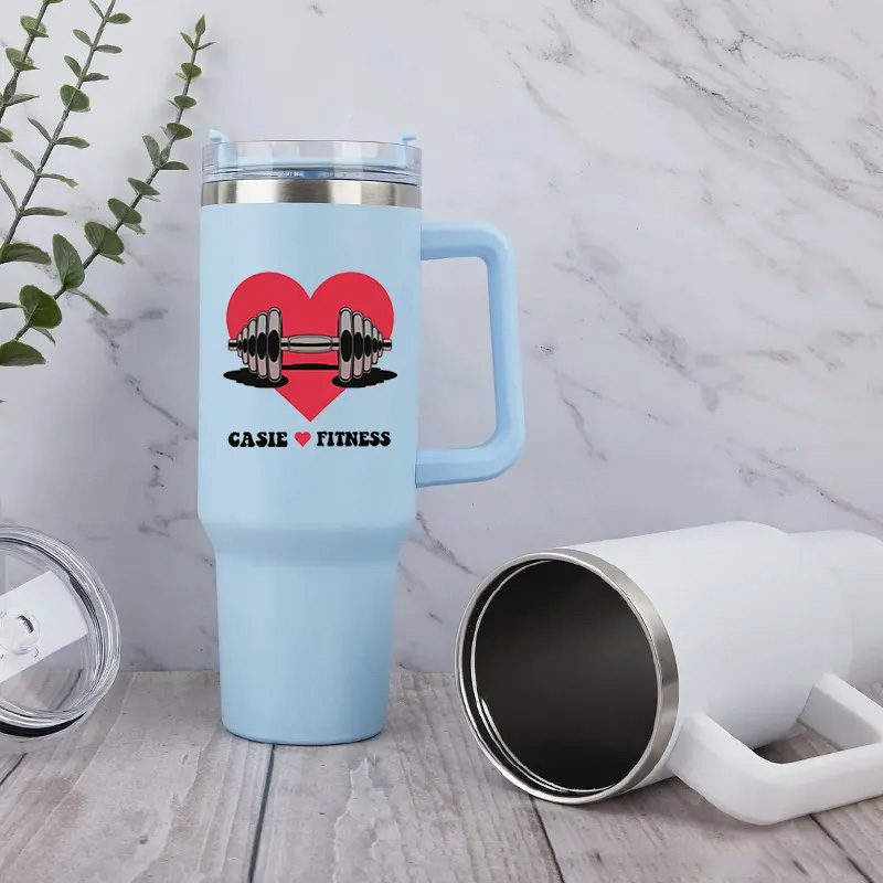 Personalized Handle Tumbler with Heart and Barbell Love Fitness Design for Gym Lover Fitness Durable Hot or Cold Drinks