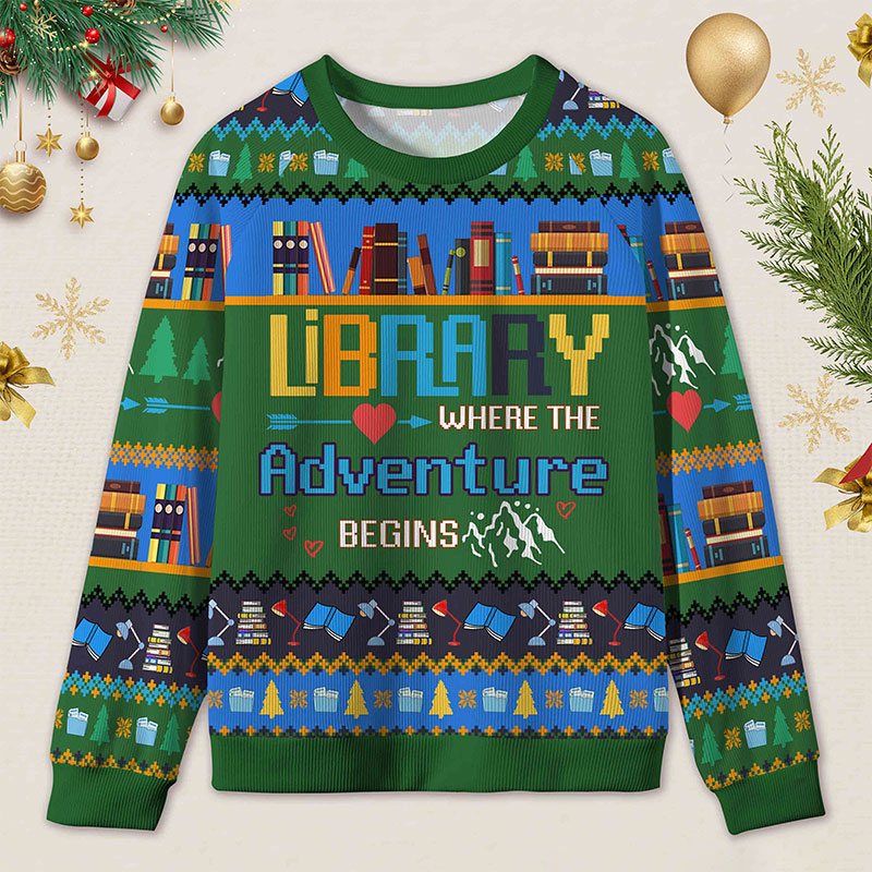 Personalized Library Adventure Ugly Sweater Holiday Gift for Librarians