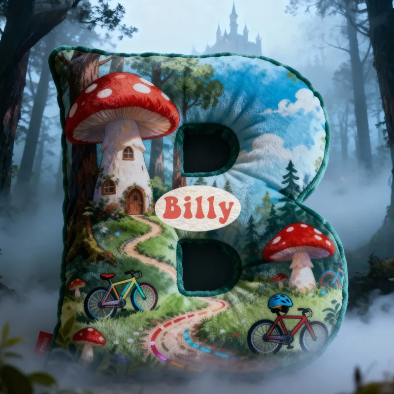 Personalized Forest Mushroom Bicycle Adventure Letter Pillow Custom Name Festive Decor with Bicycle Adventure Gifts for Family Graphic 3D Print Cycling Riding Lovers