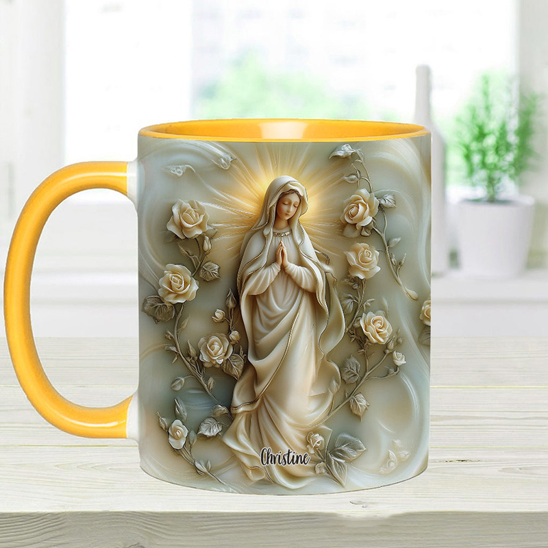 Personalized Virgin Mary Floral Ceramic Mug with Name Religious Inspirational Gift Catholic Gift for Women