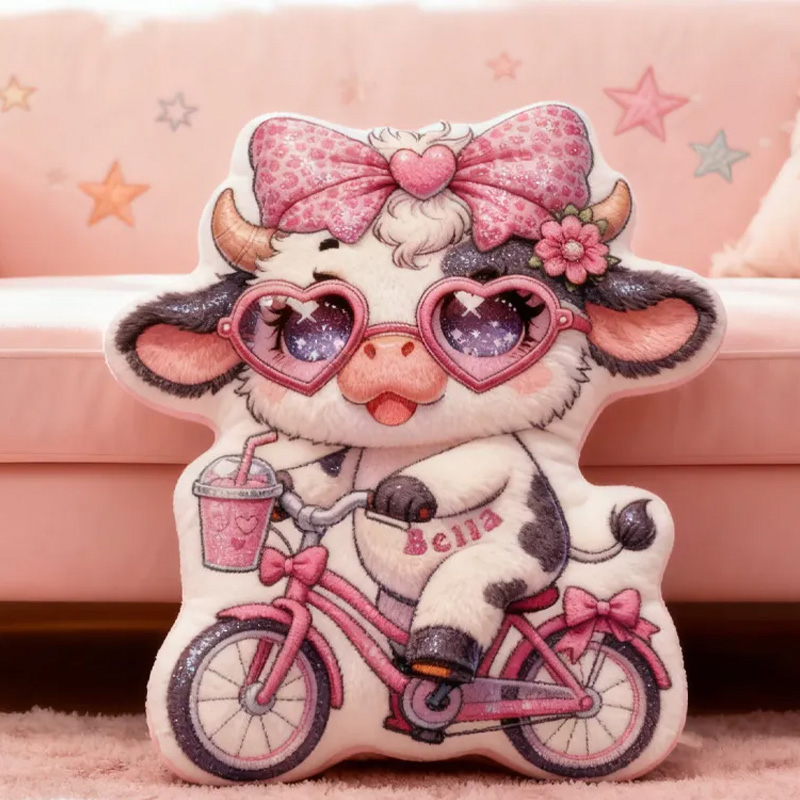 Personalized Pink Dairy Cow Pillow Cozy Lovely Graphic 3D Print Throw Pillow Name Pillow Comfortable Travel Cushion for Kids Girls Riding Lovers