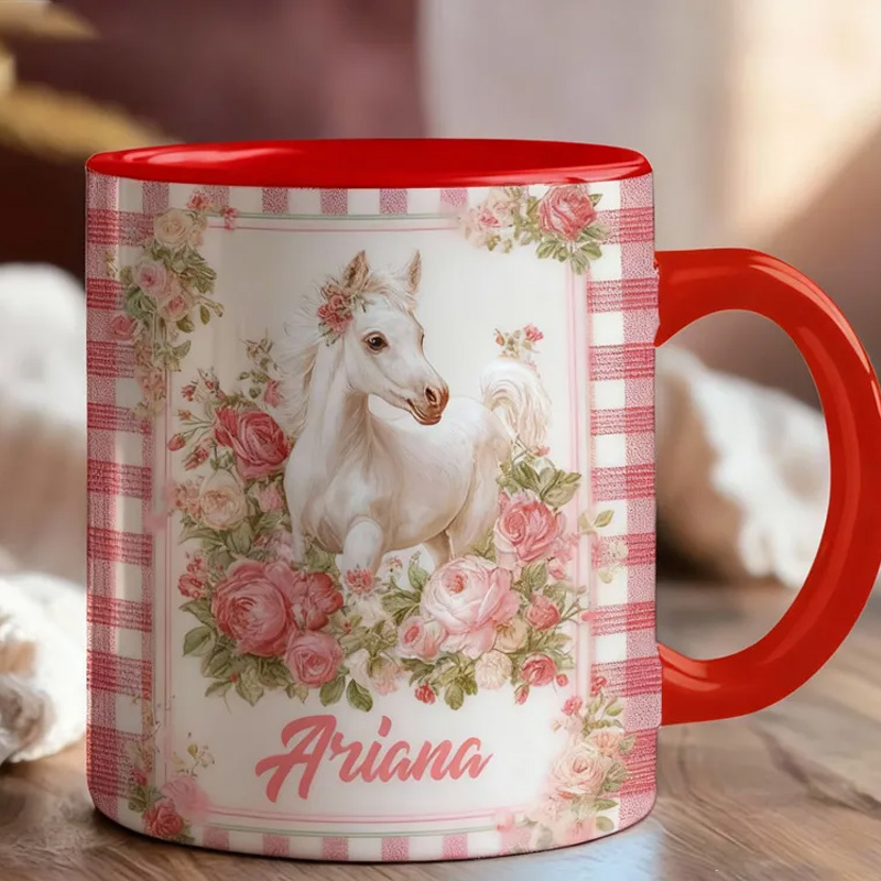 Personalized Valentines Equestrian Mug Love You Pink Gingham Flowers Valentines Day Gift for Riding Lovers Equestrian Lovers