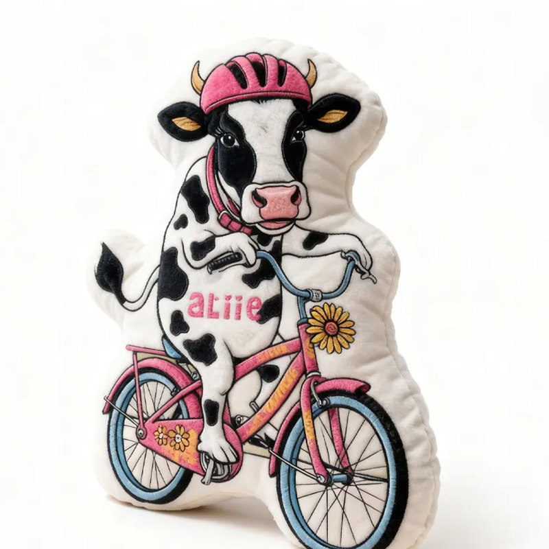 Personalized Cow Rider Bike Pillow Cozy Graphic 3D Print Funny Princess Pillow Name Pillow Comfortable Travel Cushion for Kids Girls Riding Lovers