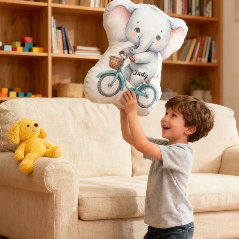 Personalized Elephant Bike Pillow Cozy Graphic 3D Print Bow Letter Pillow Name Pillow Comfortable Travel Cushion for Kids Riding Lovers