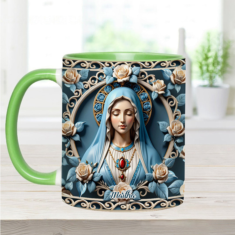 Personalized Mother of God Rosette Wreath Emblem Ceramic Mug with Name Religious Inspirational Gift Faith Gift Catholic Gift for Women