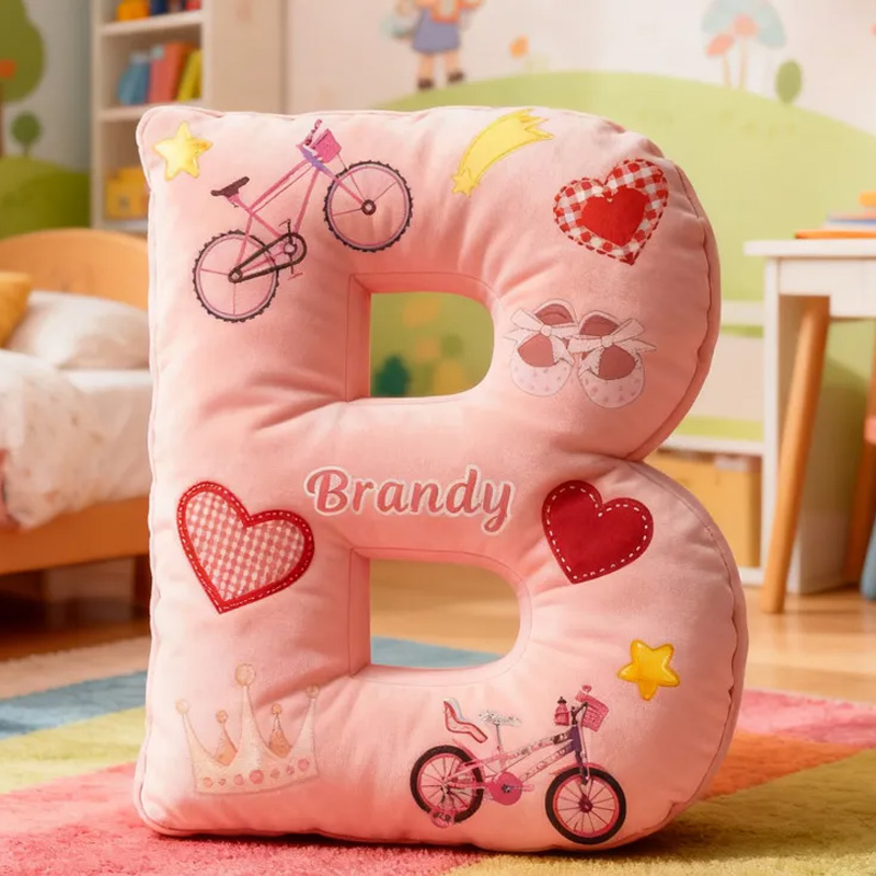 Personalized Cycling Pinky Heart Letter Pillow Graphic 3D Print Bow Letter Pillow Name Pillow Comfortable Travel Cushion for Riders Riding Lovers