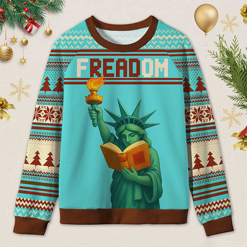 Personalized Reading Freedom Statue Fun Ugly Sweater Holiday Gift for Book Lovers