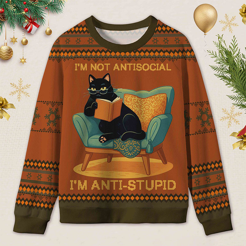 Personalized Wise Bookish Cat Reading Ugly Sweater Holiday Gift for Book Lovers