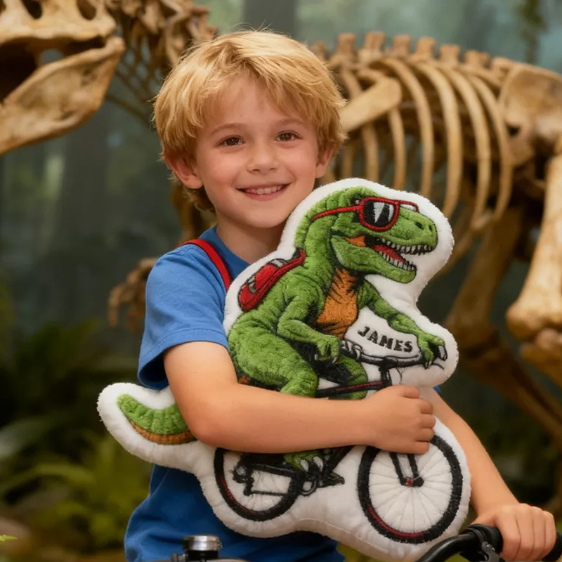 Personalized Dino Rider Bike Pillow Cozy Graphic 3D Print Cool Racing Biker Dino Pillow Name Pillow Comfortable Travel Cushion for Kids Boys Riding Lovers