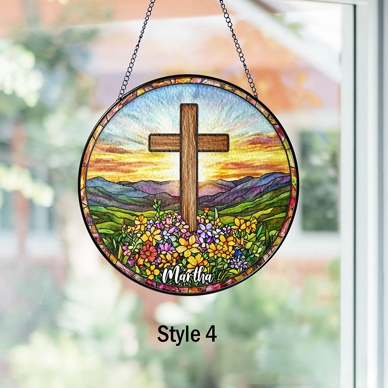 Personalized Cross Wildflowers Stained Glass Suncatcher Ornament with Name Window Balcony Hanging Decor Home Decor Religious Faith Gift