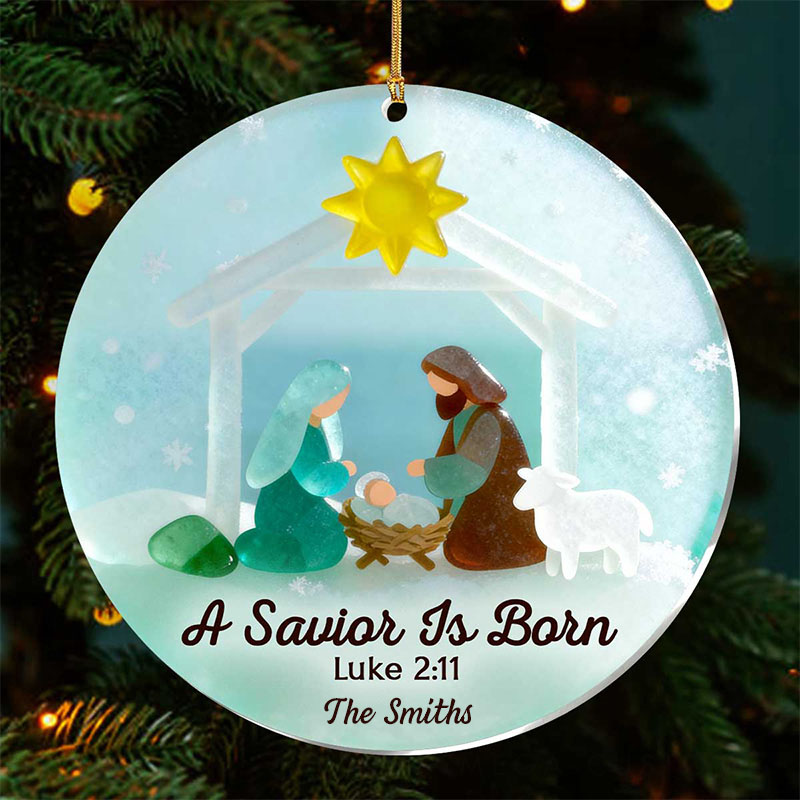 Personalized a Savior is Born Nativity Scene Acrylic Ornament with Family Name Religious Gift Christmas Tree Decor Christmas Gift for Family