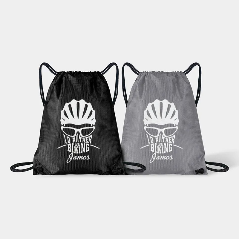 Personalized Drawstring Bag about Id Rather Be Biking Sports Backpack Bags Biker Typography Graphic Eco Friendly Tote Bag Bike Enthusiast Gift