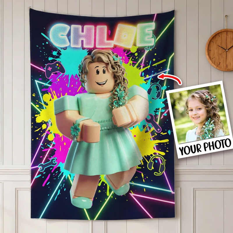 Personalized Neon Game Theme 3D Cube Style Photo Splatter Paint Soft Throw Blanket with Name Gaming Room Decor Birthday Gift for Gamer Kid