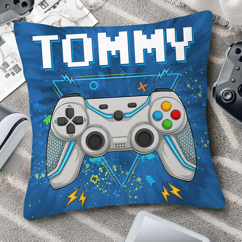 Personalized Multicolor Tie dye Effect Gamepad Throw Pillow Cover with Name Gaming Elements Home Decor Birthday Gift for Kids Geek Lovers