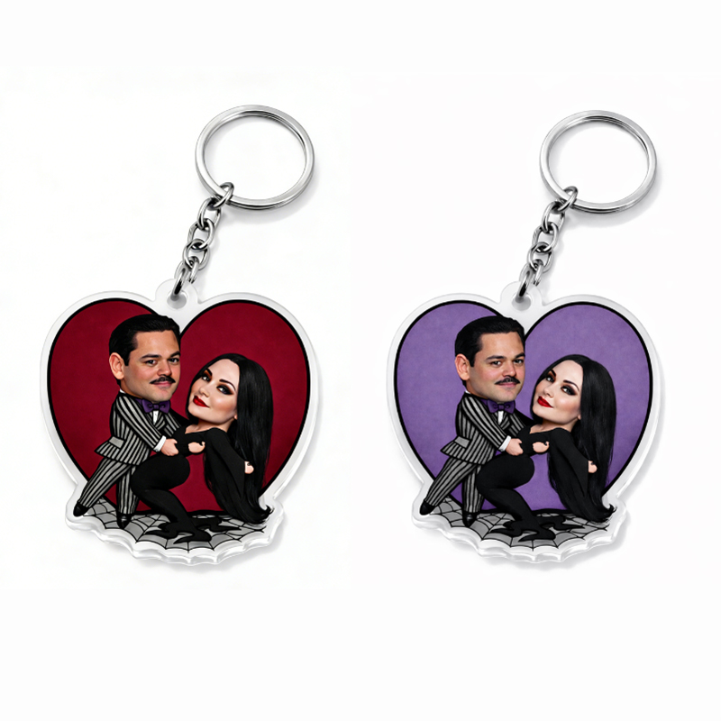 Personalized Gothic Cartoon Hearts Background Keychain Custom Photo Playfully Dark Holiday Gift