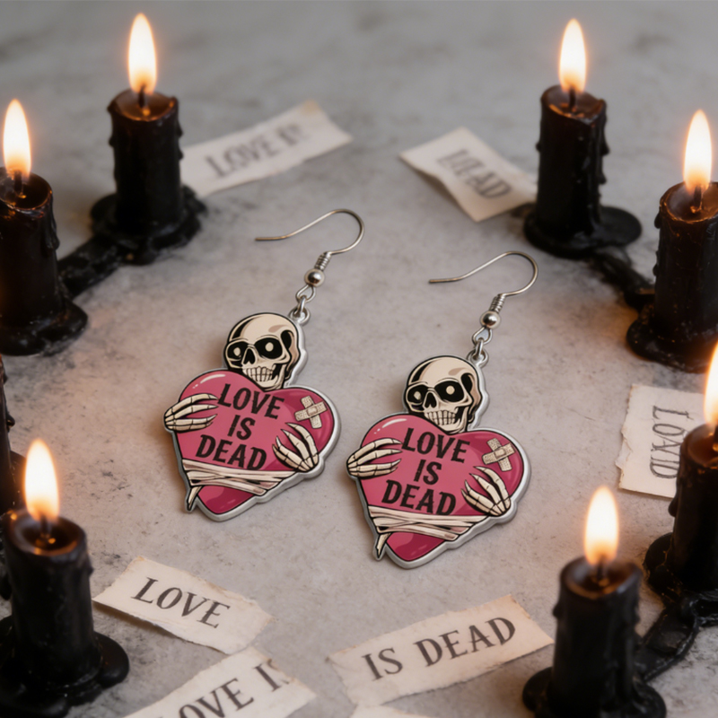 Personalized Acrylic Skull Heart Statement Earrings Dark Sweet Goth Style with Customizable Text for Edgy Fashion Fans